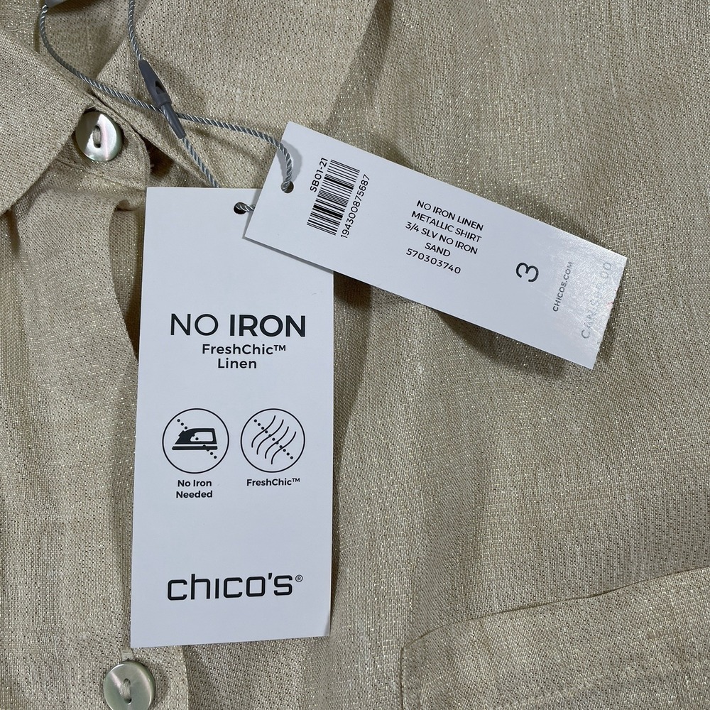 NWT Chico's No-Iron Linen Metallic Shirt Womens 3 (16) Gold Sand 3/4 Sleeve - Picture 9 of 10